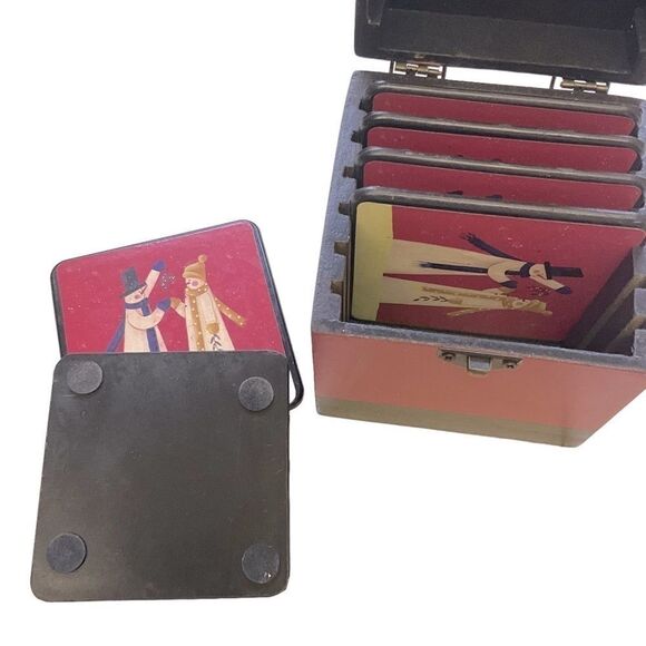 Christmas Coasters Red and Black Snowmen In Wood Box - Picture 6 of 9
